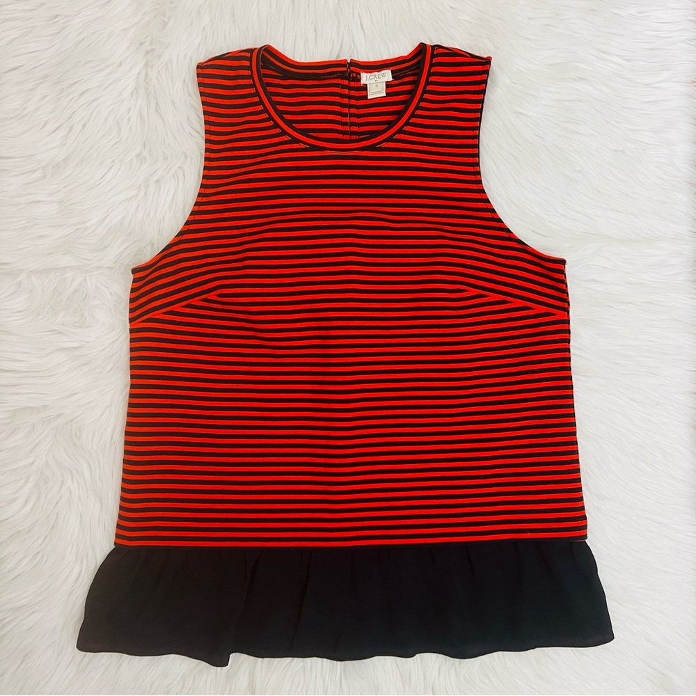 NWOT! J. Crew Nautical Striped Ruffle Hem Peplum Top Blouse Orange Navy Sz M